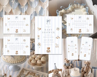 Boy Baby Shower Bundle: Blue Vintage Toys Baby Party Set, Invite, Thank You, Diaper Raffle, Books For Baby (Digital Canva Templates) BS-05