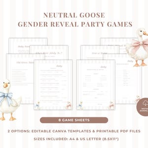 Neutral goose gender reveal party games bundle with 8 printable baby shower activities in soft beige stripes, featuring illustrated geese with blue and pink bows, editable Canva templates.