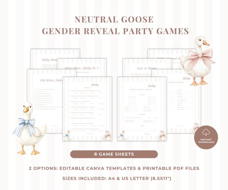Neutral goose gender reveal party games bundle with 8 printable baby shower activities in soft beige stripes, featuring illustrated geese with blue and pink bows, editable Canva templates.