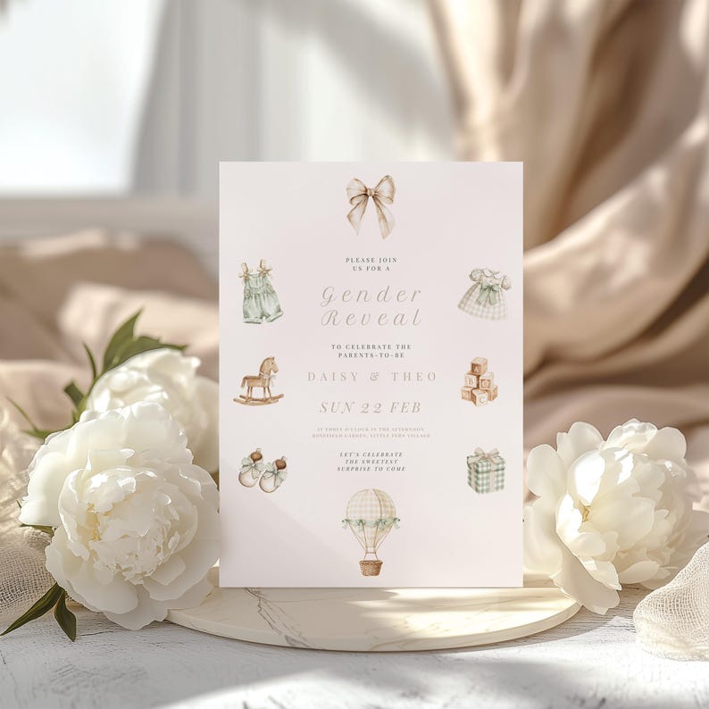 May include: A gender reveal invitation with watercolor illustrations of baby clothes, a rocking horse, blocks, and a hot air balloon. The invitation includes the text "Gender Reveal" and the names "Daisy & Theo".