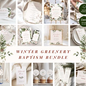 Könnte beinhalten: Eine Sammlung von Taufpapierwaren mit Wintergrün, darunter Einladungen, Willkommensschilder und Menükarten. Die Designs zeigen botanische Aquarellelemente mit Tannenzapfen und Beeren. Der Text enthält "Danke", "Die Speisekarte" und "Panna Cotta".