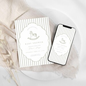 May include: A baby shower invitation and a smartphone displaying the same design. The invitation and phone screen feature a light green and white striped background with a decorative border. The text reads "Baby Shower" and includes a rocking horse illustration.