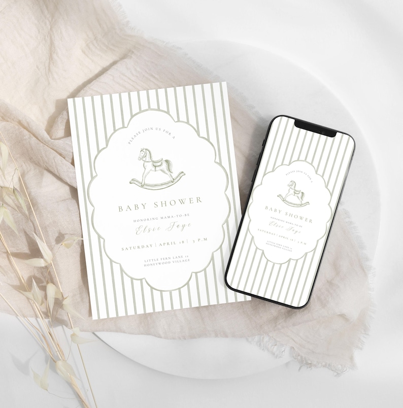 May include: A baby shower invitation and a smartphone displaying the same design. The invitation and phone screen feature a light green and white striped background with a decorative border. The text reads "Baby Shower" and includes a rocking horse illustration.