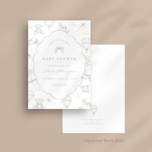 May include: Baby shower invitation with a scalloped border, featuring a soft green and white design. The invitation includes text that reads "Baby Shower" and the name "Flore Ellington". Decorative elements include hot air balloons, teddy bears, and rocking horses.