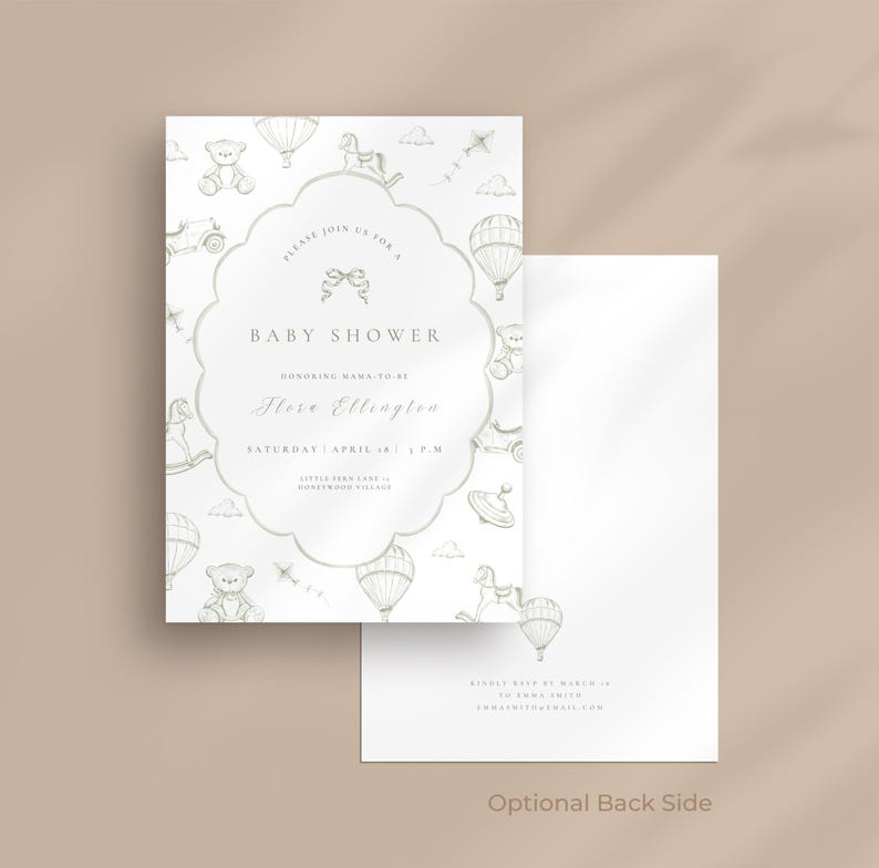 May include: Baby shower invitation with a scalloped border, featuring a soft green and white design. The invitation includes text that reads "Baby Shower" and the name "Flore Ellington". Decorative elements include hot air balloons, teddy bears, and rocking horses.