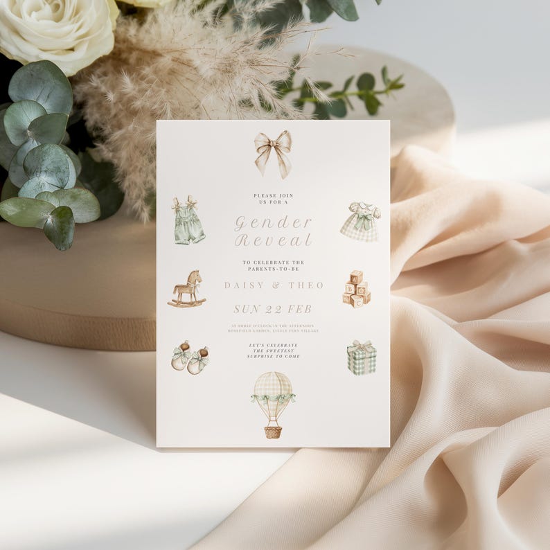 Vintage toys gender reveal invitation with neutral nursery icons, baby clothes, wooden toys and classic baby decor