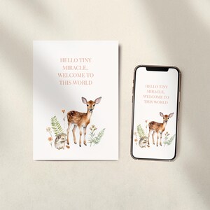 Cartão digital de parabéns por nascimento | Cartão de filhote de veado e ouriço da floresta | Formato para impressão + celular | Download instantâneo | Animais da floresta