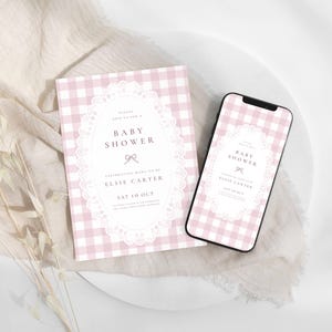 May include: A rectangular baby shower invitation and a smartphone displaying the same design, both featuring a light pink and white gingham pattern with a central white oval frame decorated with lace details and a small bow icon.
