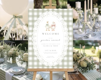 Grünes Gingham Gingham Gingham Gans Gender Reveal Willkommensschild: Gans Willkommen Poster, Baby Party Poster (bearbeitbare Canva Vorlage, digitaler Download) GR-04