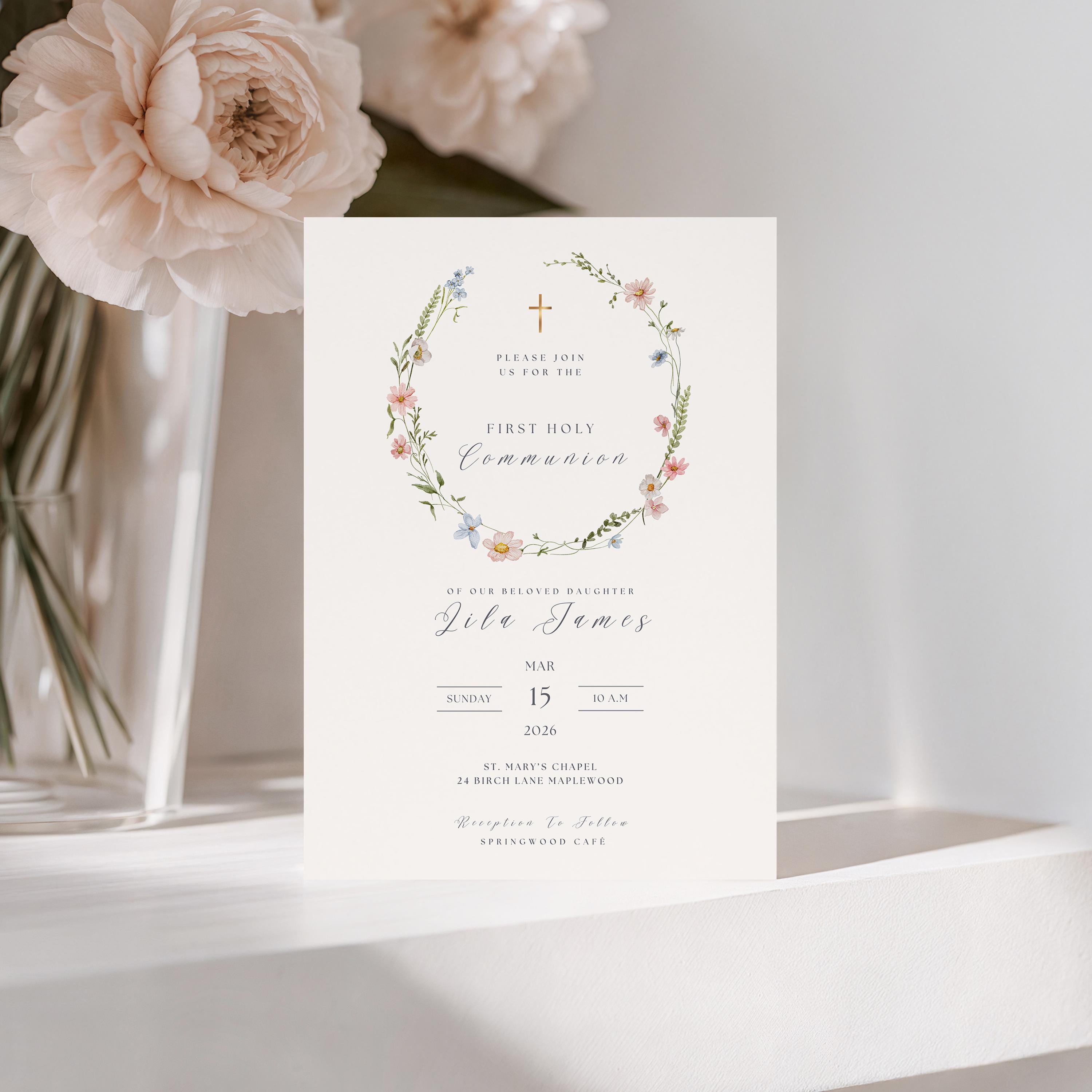 First Holy Communion Invitation: Floral Communion Card, Spring ...