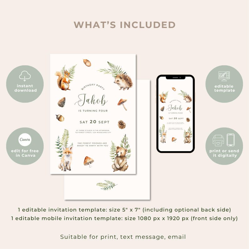 Woodland Kids Birthday Invitation Template | Forest Animal Party ...