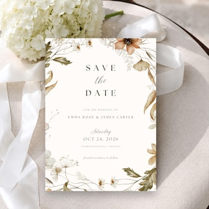 Fall Botanical Save The Date Card: Autumn Wildflower Wedding Announcement (Editable Canva Template, Digital Download, Print & Mobile) WD-03
