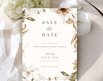 Fall Botanical Save The Date Card: Autumn Wildflower Wedding Announcement (Editable Canva Template, Digital Download, Print & Mobile) WD-03