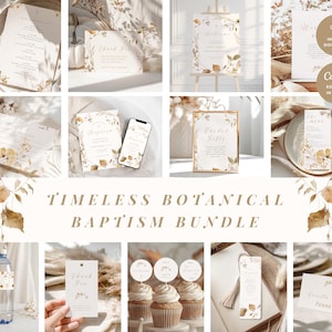 May include: A collection of stationery items with a botanical theme, including invitations, menus, and signage. The designs feature floral and leaf accents in shades of beige and brown. The text "Timeless Botanical Baptism Bundle" is displayed in a serif font.