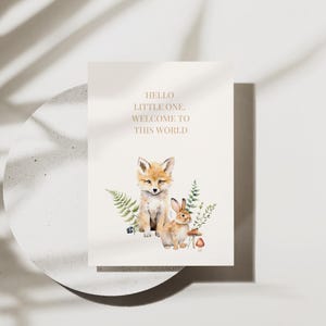 Digitale geboortekaartjes | Bosvos en konijn babykaart | Afdrukbaar en mobiel formaat | Direct downloaden | Bosdieren