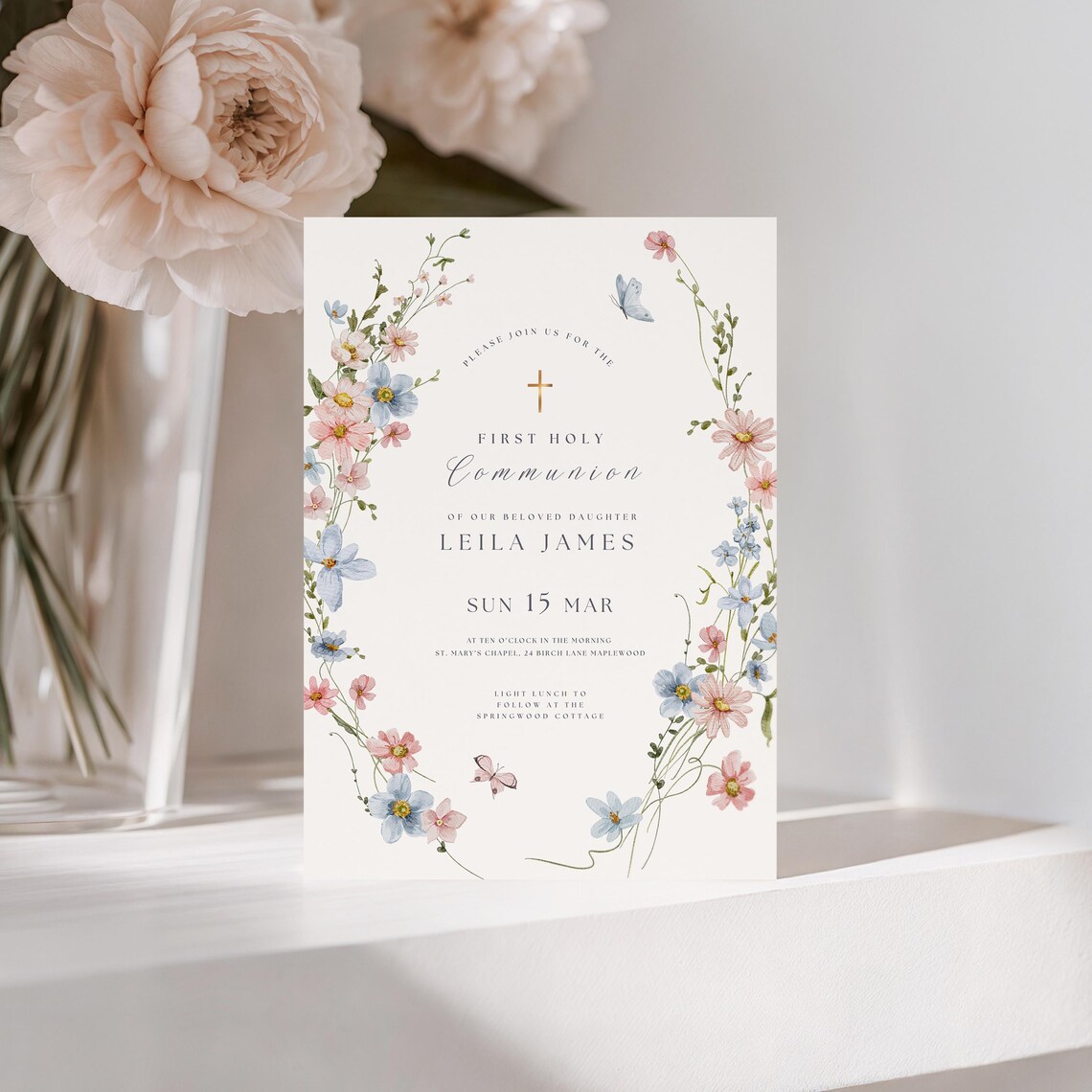 Floral First Holy Communion Invitation: Flower & Butterfly Communion ...