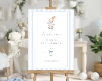 Blaues Kaninchen Babyparty Willkommensschild: Vintage Hase, Blaue Streifen (Digitaler Download) BS-02