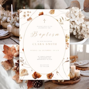 Peut inclure: Une invitation de baptême avec un cadre ovale orné de motifs floraux et végétaux dans des tons bruns et beiges. Le texte indique "Baptême de notre fille Clara Smith" avec la date et l'heure. Décorations automnales.