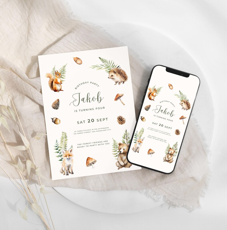 Woodland Kids Birthday Invitation Template | Forest Animal Party ...