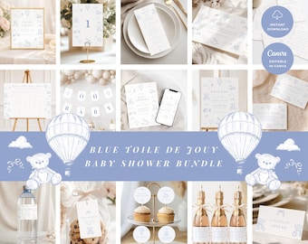 Blau Toile De Jouy Baby Shower Bundle: Chinoiserie Baby Sprinkle, Vintage Spielzeug Babyparty Dekor (Canva Vorlagen, digitaler Download) BS-01