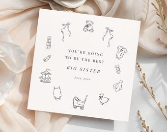 Big Sister Pregnancy Announcement Card: Big Sister To Be, Baby Reveal, Minimal Announcement Card (Editable Canva Template, Digital Download)