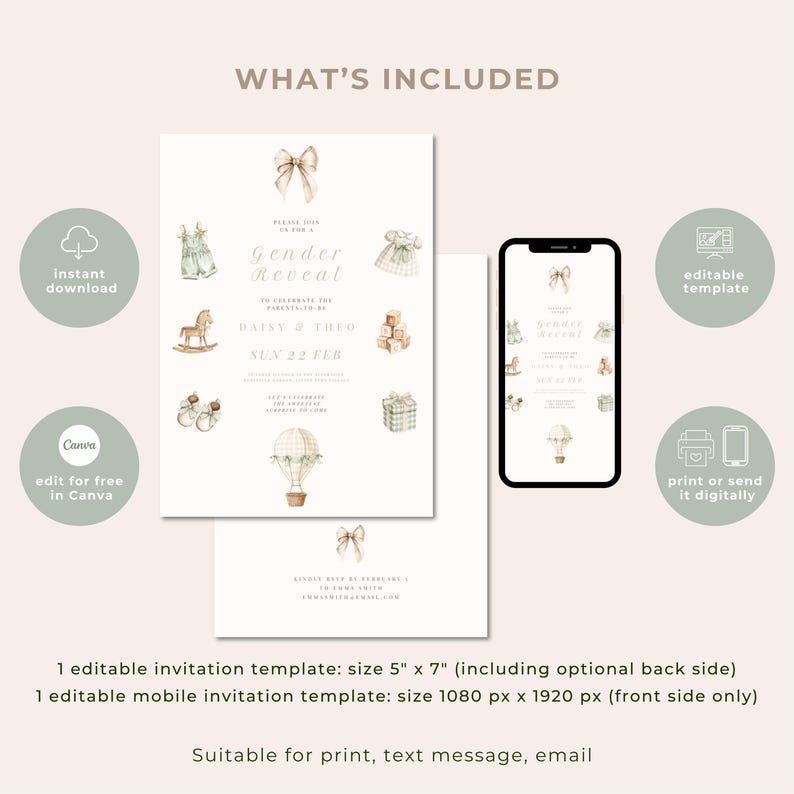 May include: A gender reveal invitation template with a soft, neutral color palette. The design includes a printed invitation, a mobile invitation on a smartphone, and decorative elements like bows, baby clothes, and a hot air balloon. The invitation is 5" x 7".