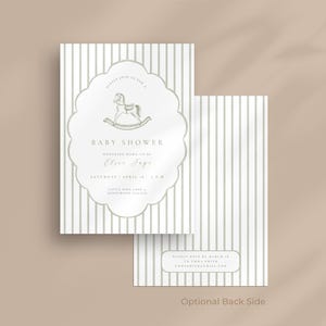 May include: Baby shower invitation with a rocking horse illustration. The invitation has a scalloped border and a vertical striped background in white and green. The text reads "Baby Shower" and other event details.