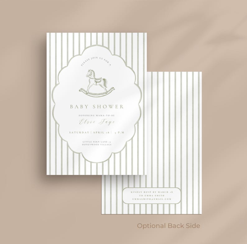 May include: Baby shower invitation with a rocking horse illustration. The invitation has a scalloped border and a vertical striped background in white and green. The text reads "Baby Shower" and other event details.