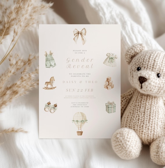 Neutral Gender Reveal Invitation: Vintage Toys Gender Reveal Party, Coquette Cottagecore Style (Editable Canva Template, Digital Download)