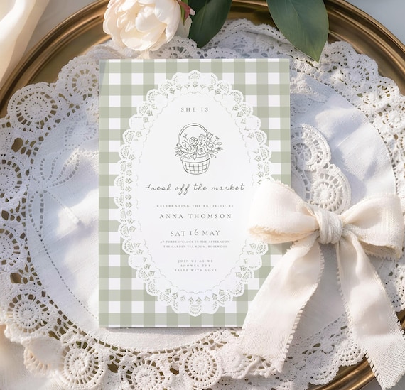 Green Gingham Bridal Shower Invitation: Fresh Off The Market Bridal Invite, Farmers Market Bridal Party (Digital Canva Template) BR-01