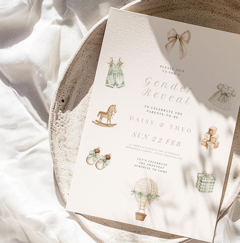 May include: A gender reveal invitation with watercolor illustrations of baby items. The invitation includes text that reads "Gender Reveal" and "Daisy & Theo". The design features a rocking horse, baby clothes, and a hot air balloon.