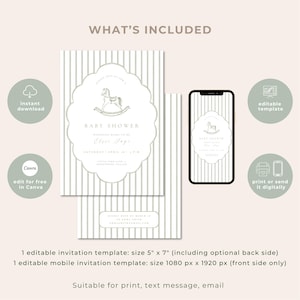 May include: Baby shower invitation template featuring a rocking horse design. The invitation is white with a scalloped border and grey vertical stripes. Includes a mobile invitation template. The text reads "Baby Shower" and event details.
