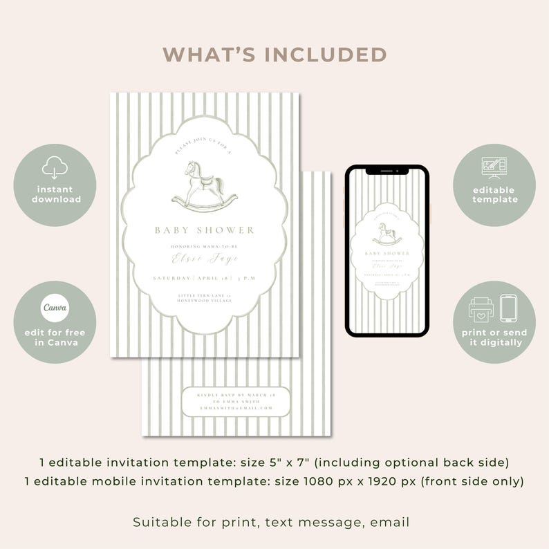 May include: Baby shower invitation template featuring a rocking horse design. The invitation is white with a scalloped border and grey vertical stripes. Includes a mobile invitation template. The text reads "Baby Shower" and event details.