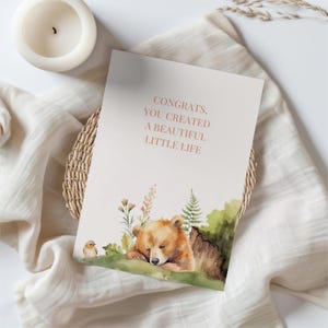 Digital Birth Congratulations Card | Woodland Bear Baby Card | Printable + Mobile Format | Instant Download | Forest Animals | Greenery