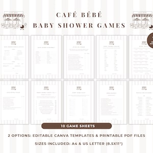 Op de afbeelding: Een set van tien printbare babyshower-spelbladen getiteld Café Bébé met een bruin en wit gestreepte achtergrond. De bladen bevatten diverse activiteiten zoals woordzoekers en trivia. Tekst: 10 GAME SHEETS, 2 OPTIONS: EDITABLE CANVA TEMPLATES & PRINTABLE PDF FILES, SIZES INCLUDED: A4 & US LETTER (8.5X11).