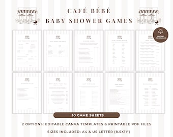 May include: A set of ten printable baby shower game sheets titled Café Bébé with a brown and white striped background. The sheets include various activities like word scrambles and trivia. Text includes 10 GAME SHEETS, 2 OPTIONS: EDITABLE CANVA TEMPLATES & PRINTABLE PDF FILES, SIZES INCLUDED: A4 & US LETTER (8.5X11).
