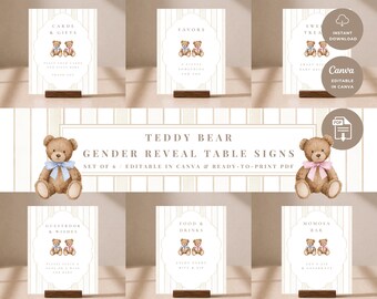 May include: A set of six rectangular table signs featuring a beige vertical striped background and a central white scalloped frame. Each sign displays two teddy bears with blue and pink bows and text including Cards & Gifts, Favors, Sweet Treats, Guestbook & Wishes, Food & Drinks, and Momosa Bar.