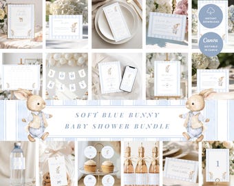Soft Blue Bunny Baby Shower Bundle: Bearbeitbare Canva-Vorlagen (Digitaler Download) BS-02