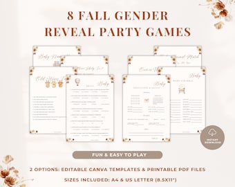 Peut inclure: Ensemble de huit jeux de fête de révélation du sexe sur le thème de l'automne. Les jeux incluent "Baby Names", "New Mommy to Be?", "Old Wives Tales", "Trivia", "Over or Under", "Predictions & Advice", "Baby Word Scramble", et "Guess the Baby Food". Disponible en A4 et US Letter (8.5x11")