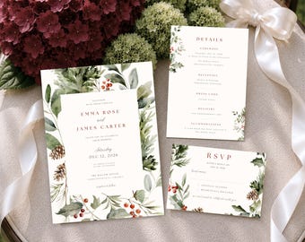 May include: A wedding invitation suite featuring a main invitation, a details card, and an RSVP card. Each white card is decorated with a watercolor border of green pine branches, holly leaves, red berries, and brown pinecones with dark red text.