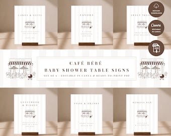May include: A set of six white table signs with vertical stripes, featuring a brown line-art illustration of a cafe storefront and text including Cards & Gifts, Favors, Sweet Treats, Guestbook & Wishes, Food & Drinks, and Momosa Bar.