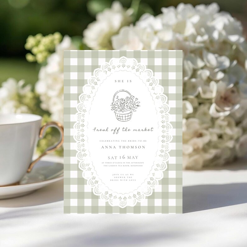 Green Gingham Bridal Shower Invitation: Fresh Off The Market Bridal Invite, Farmers Market Bridal Party (Digital Canva Template) BR-01 image 9