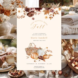 Peut inclure: Une carte d'invitation sur le thème de l'automne. La carte présente le texte "Into Nesting Mode Fall" et "A Cozy Gathering Helping Mama-to-Be Marie Sandell Prepare the Nest". Elle comprend des illustrations à l'aquarelle de citrouilles, de feuilles et d'un panier. La date est le samedi 18 octobre à 10h.