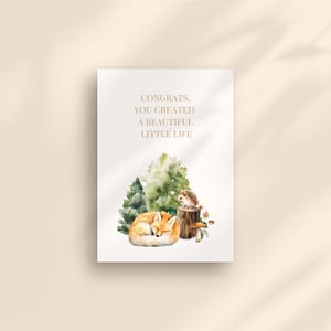 Tarjeta digital de felicitación de nacimiento / Zorro y erizo del bosque / Formato imprimible y móvil / Descarga instantánea / Animales del bosque / Vegetación