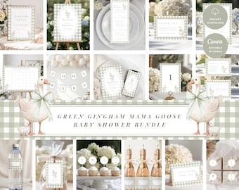 Green Gingham Baby Shower Bundle: Silly Little Goose Baby Party, Rustic Mama Goose Set (Editable Canva Templates, Digital Download) BS-03