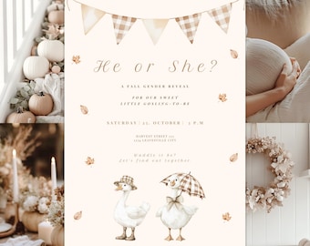 Goose Gender Reveal Invitation: Preppy Fall Baby Shower (Editable Canva Template)