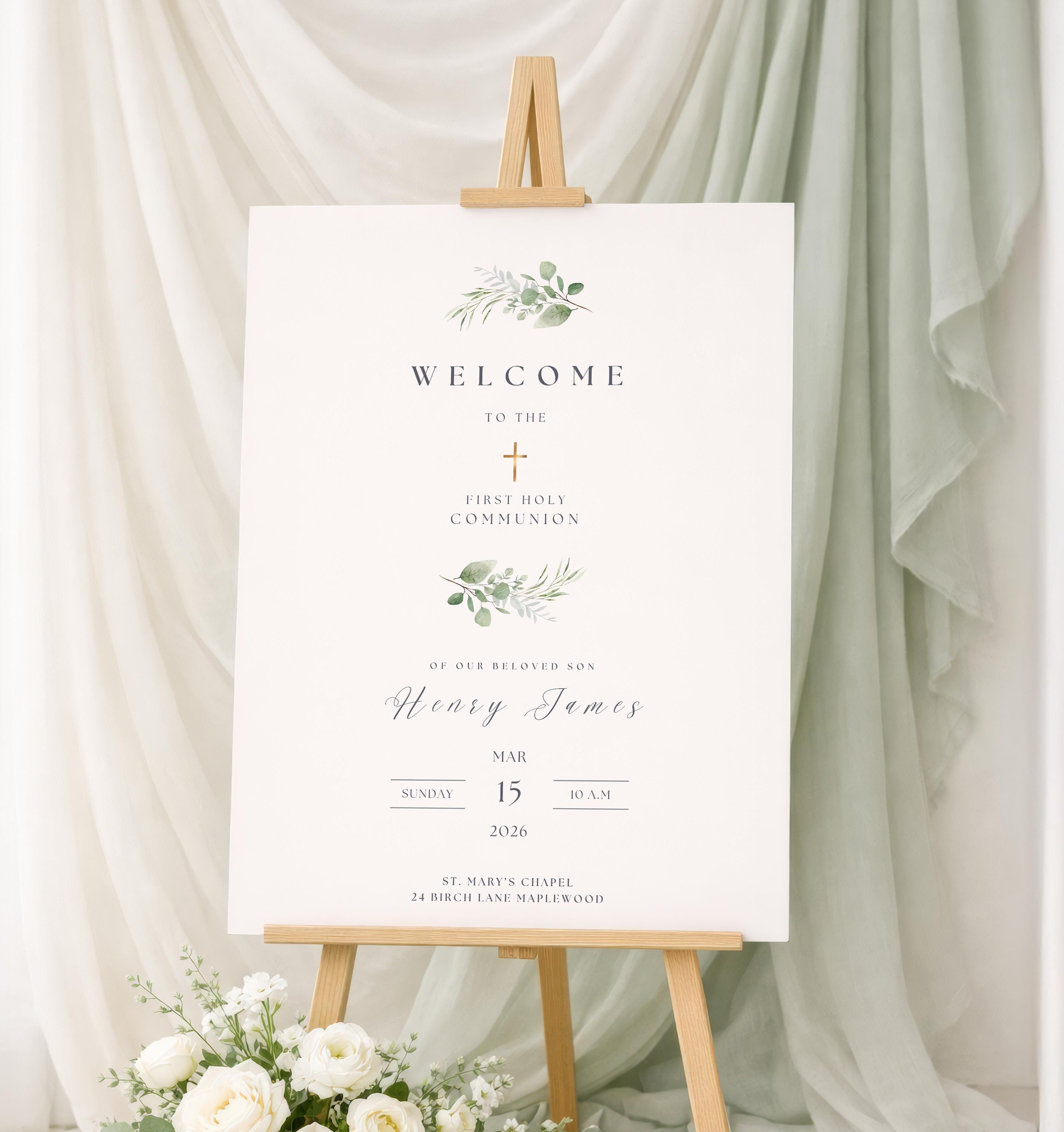 Communion Post Sign Botanical Holy Communion Welcome Sign: Greenery Communion Cross Poster ...