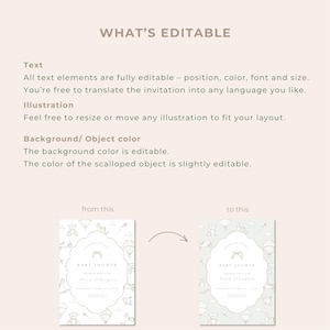 May include: A light beige graphic with the text "WHAT'S EDITABLE" and details about the invitation's editable features. Two baby shower invitation examples are shown, one with a white background and the other with a light green background.