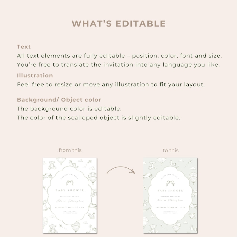 May include: A light beige graphic with the text "WHAT'S EDITABLE" and details about the invitation's editable features. Two baby shower invitation examples are shown, one with a white background and the other with a light green background.