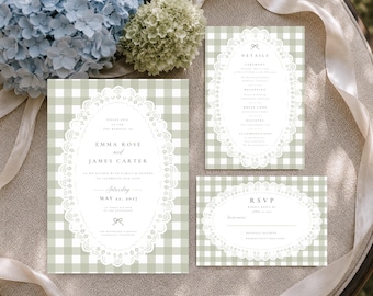 May include: A wedding invitation suite featuring a sage green and white gingham pattern. Each card displays a white oval frame with intricate lace-like detailing and text including names Emma Rose and James Carter, date May 22, 2027, and RSVP.